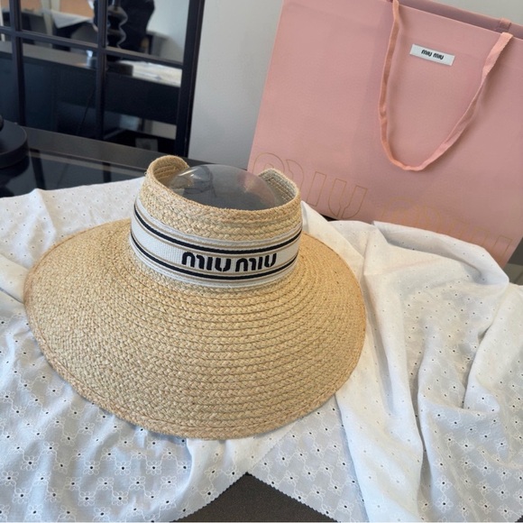 👒 Miu Miu Woven Raffia Empty Top Sun Visor Hat - Picture 2 of 5